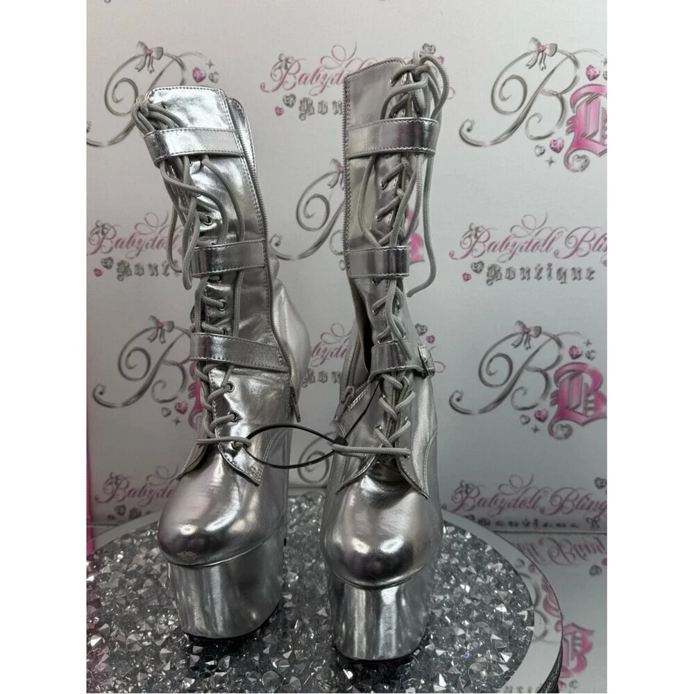 Pleaser boots high heels buckle Metallic Silver Lace-Up Platform Ankle Boots